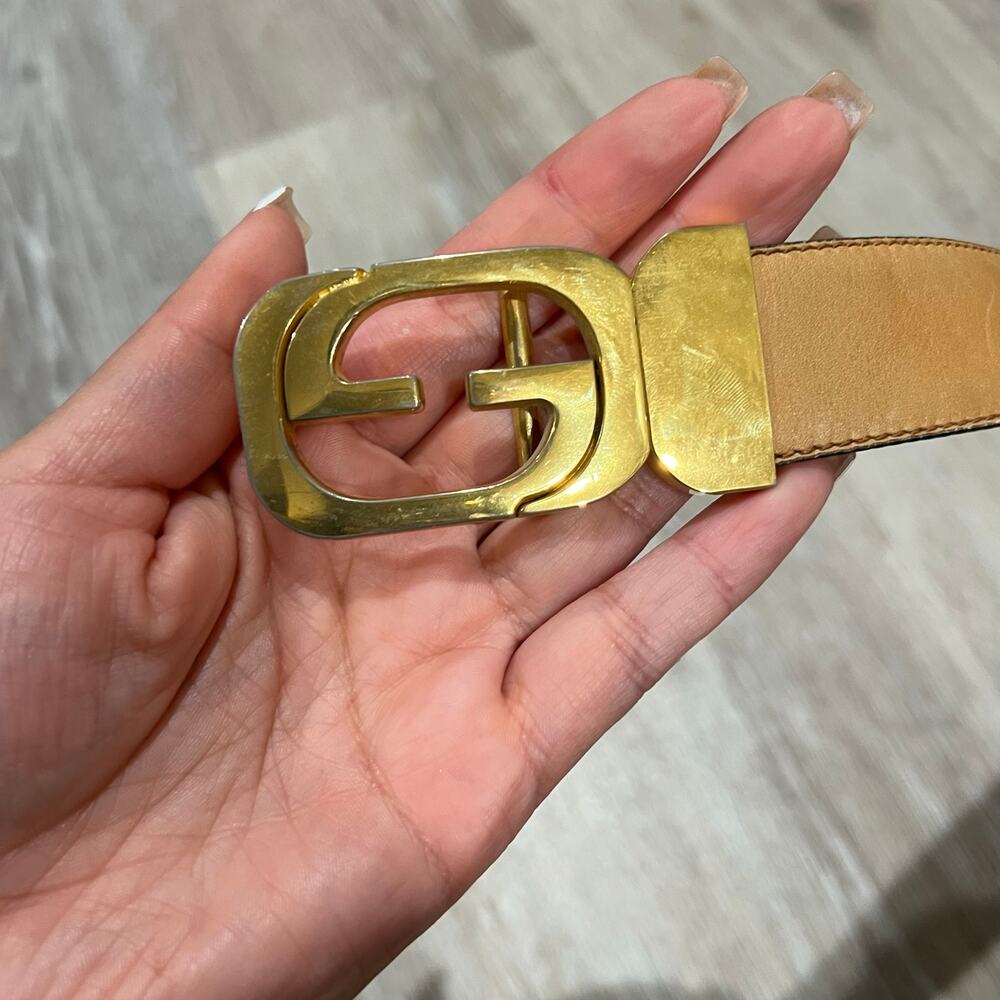 Gucci Vintage Gold Buckle Brown and Beige Reversible Belt - Picture 7 of 9